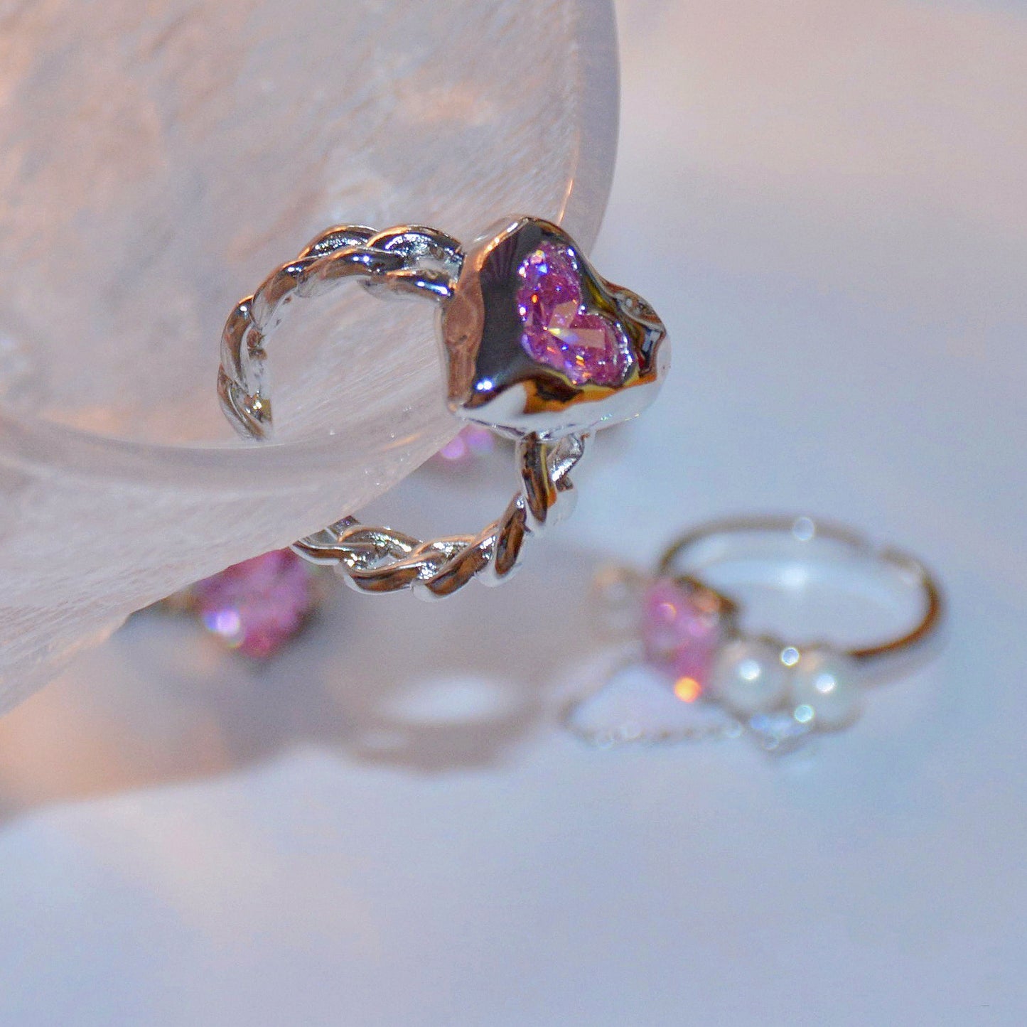 Pink Heart Zircon Rings，Y2K Girl Style Rings