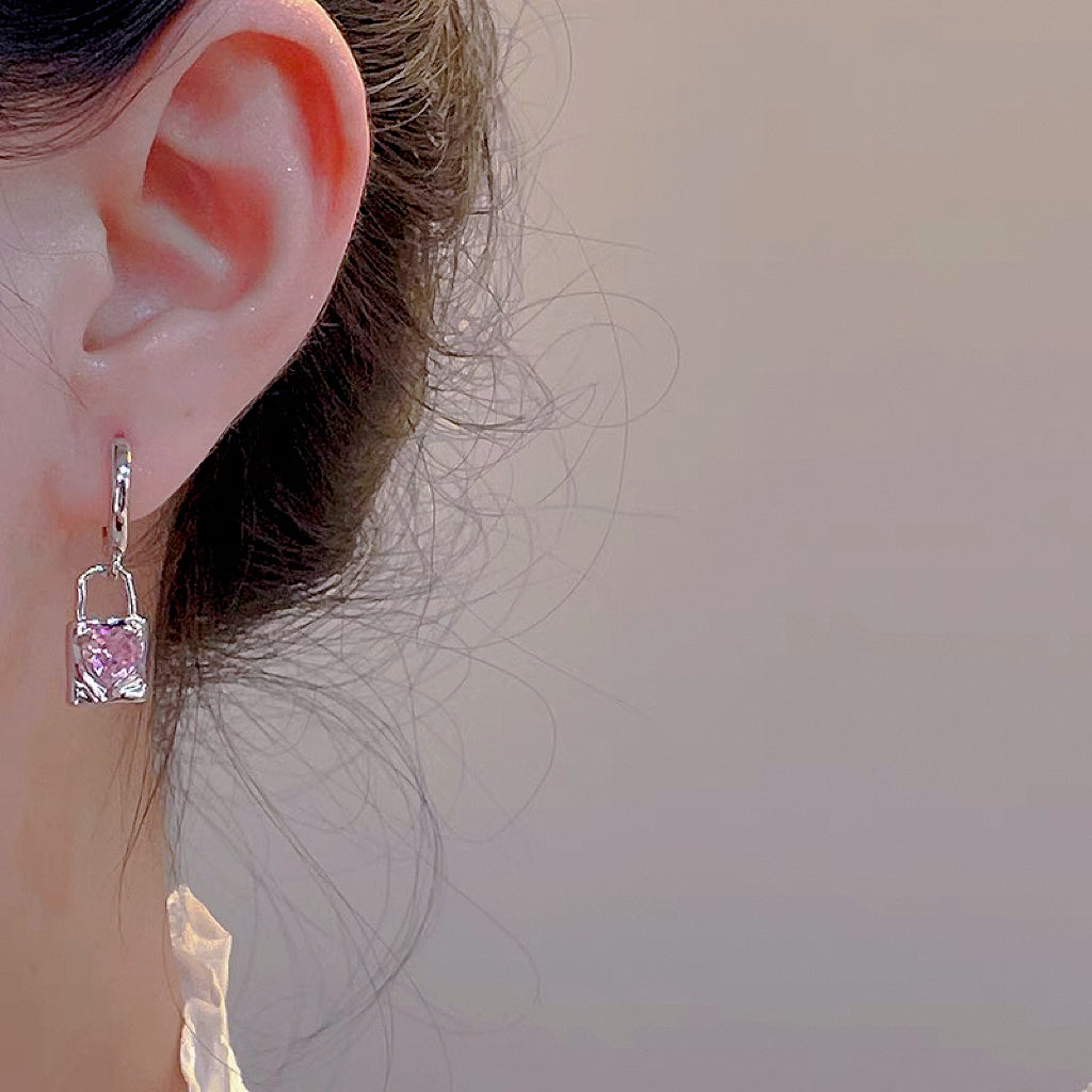 Pink Zircon Key Lock Stud Earrings