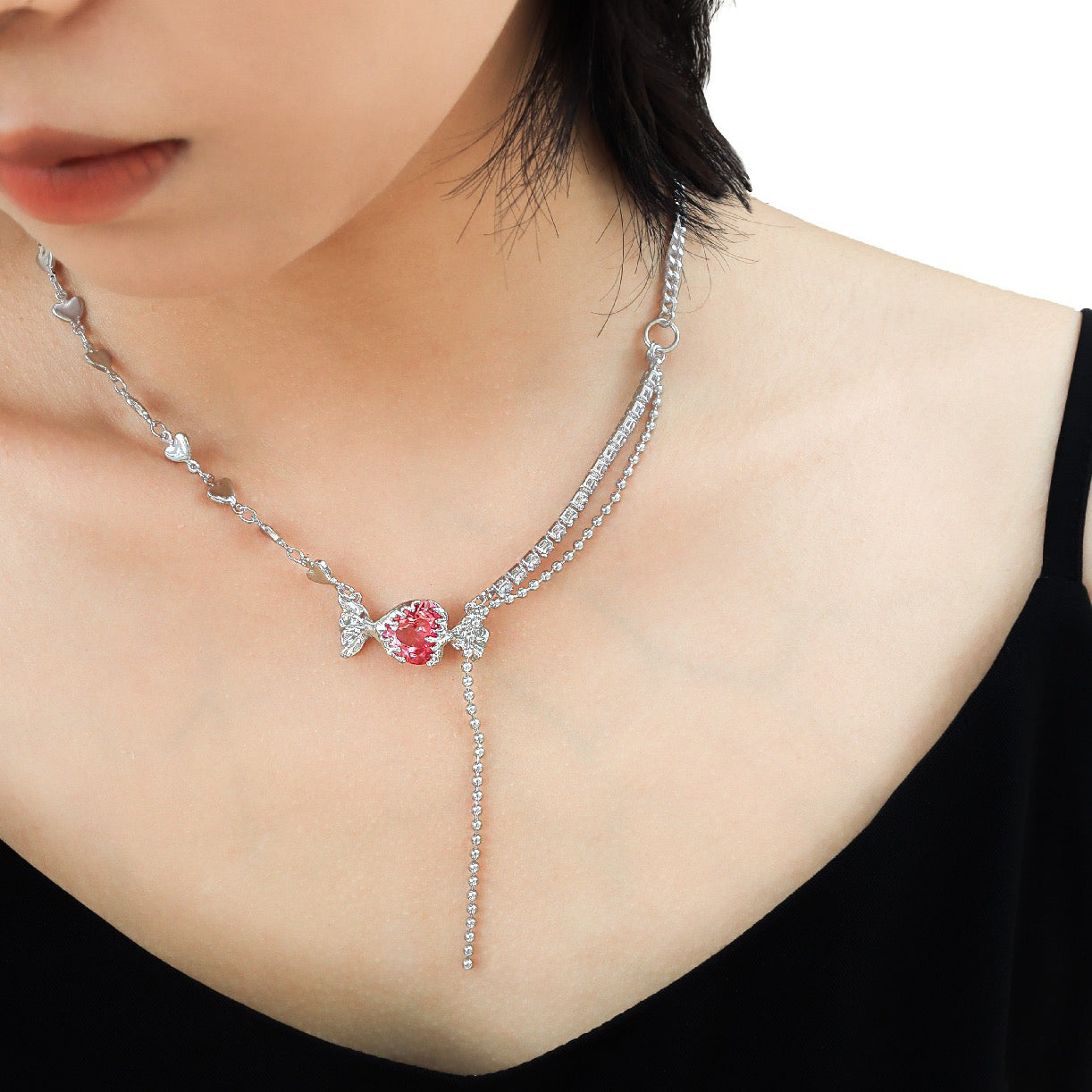 Pink Love Candy Tassel Necklace , Y2K Style Fashion Clavicle Chain