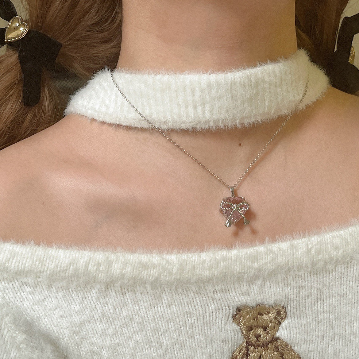 Bow Knot Pink Zircon Heart Necklace