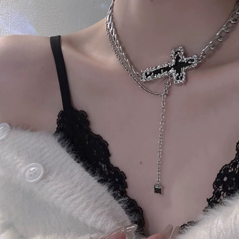 Metal Cross Necklace, Tassel Collarbone Chain