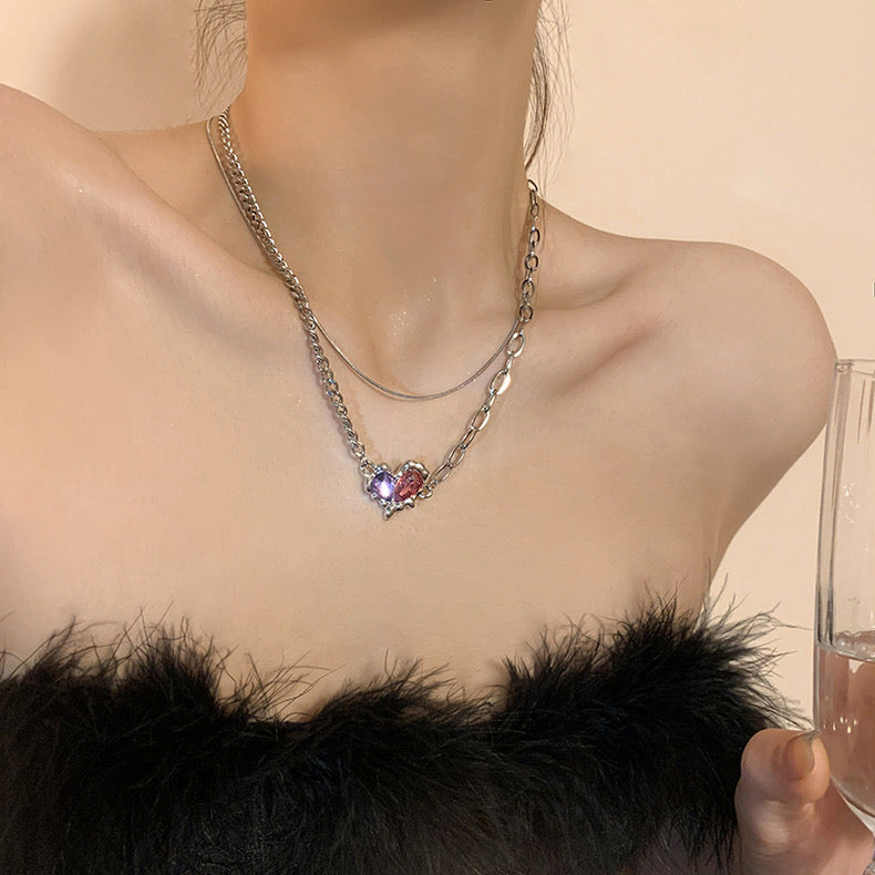 Pink & Purple Heart Zircon Necklace