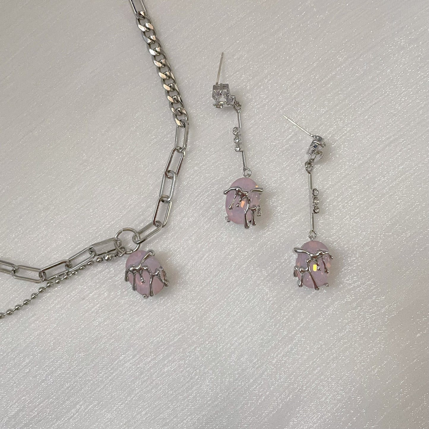 Pink Opal Clavicle Necklace，Pink Opal Tassel Earrings