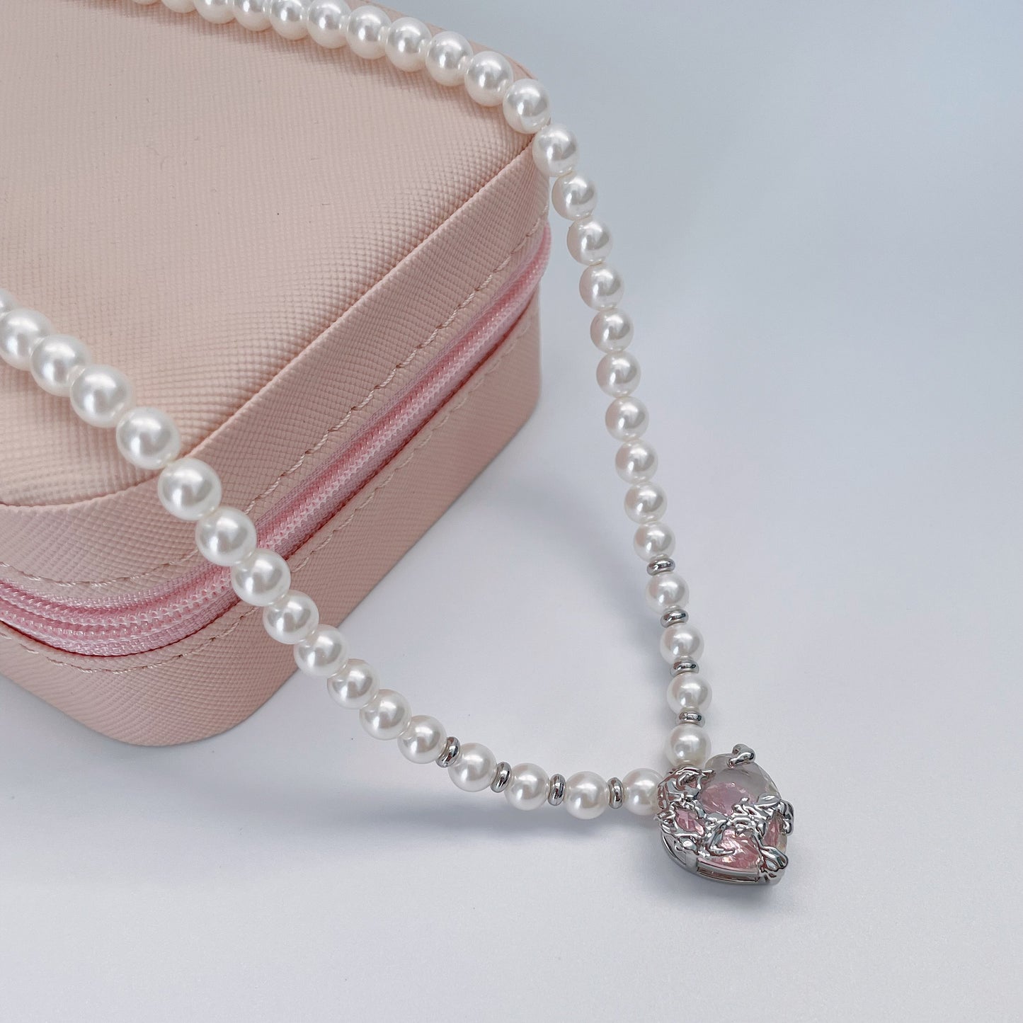 Pink Zircon Heart Pearl Necklace,Y2KPink Style