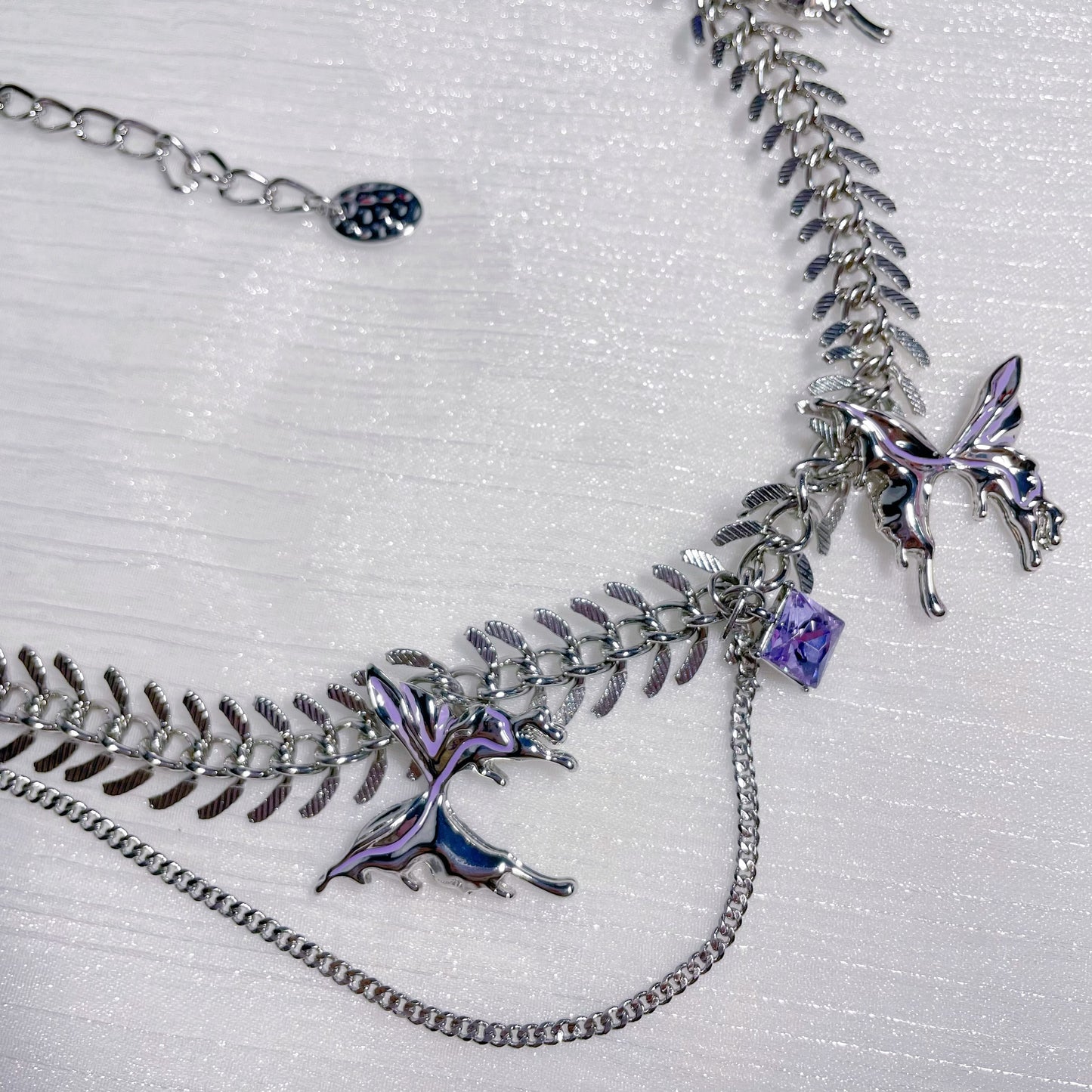 Purple Liquid Metal Butterfly Necklace，Fishbone Butterfly Bracelet