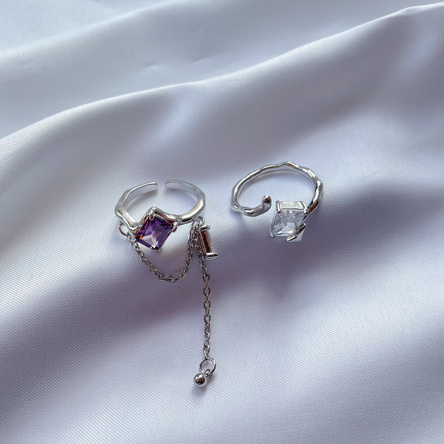 Purple Diamond Chain Fringe Ring, White Diamond Open Ring