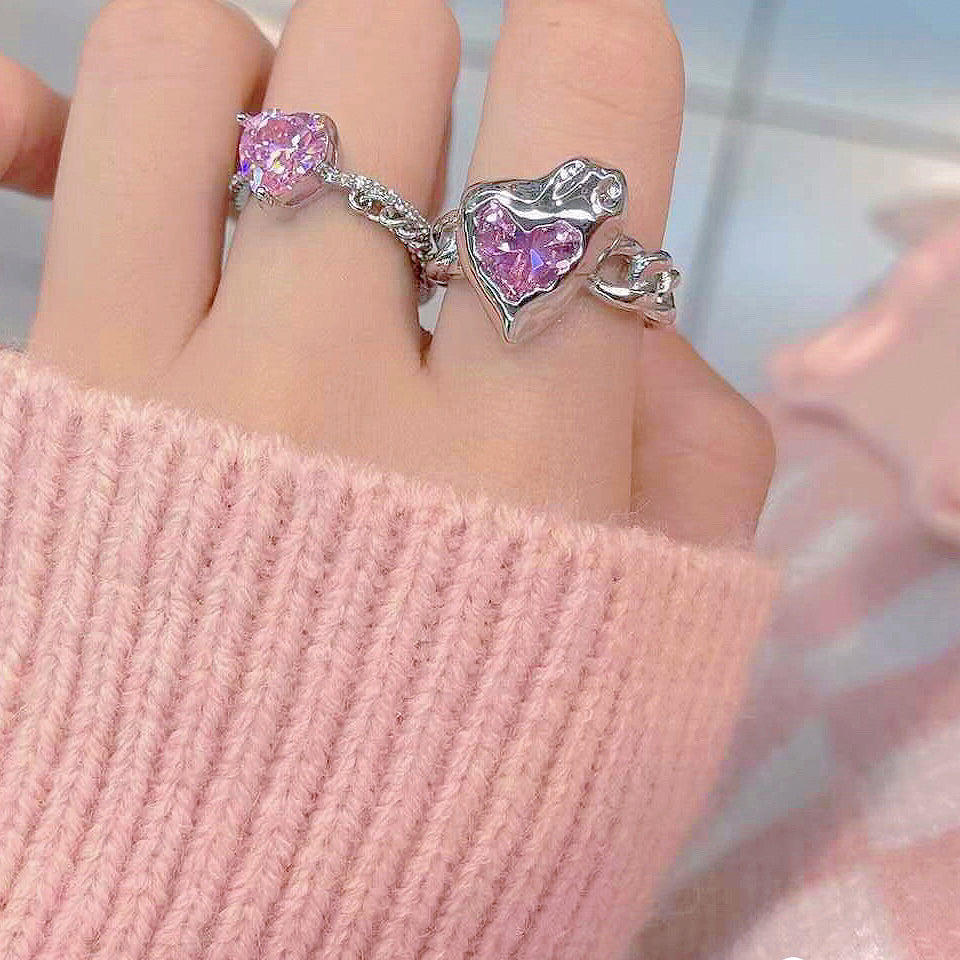 Pink Heart Zircon Rings，Y2K Girl Style Rings