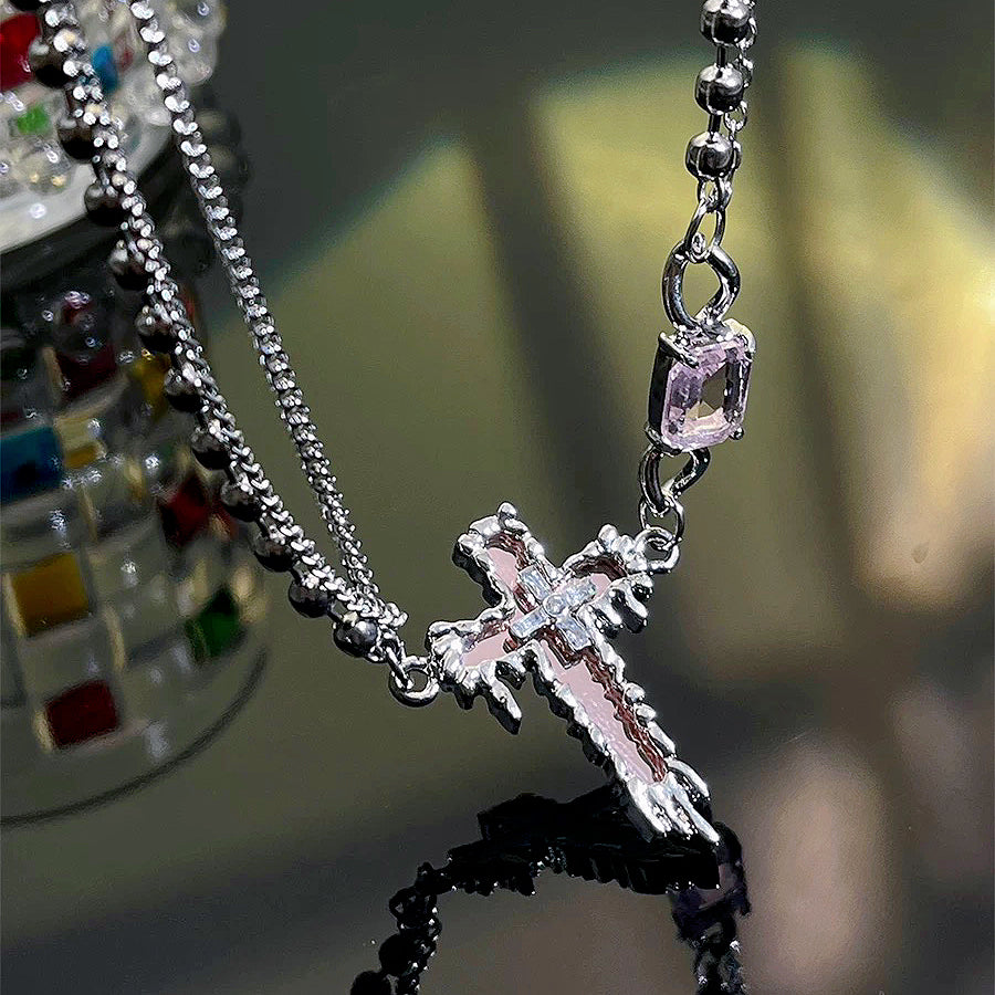 Pink Zircon Mirror Cross Necklace