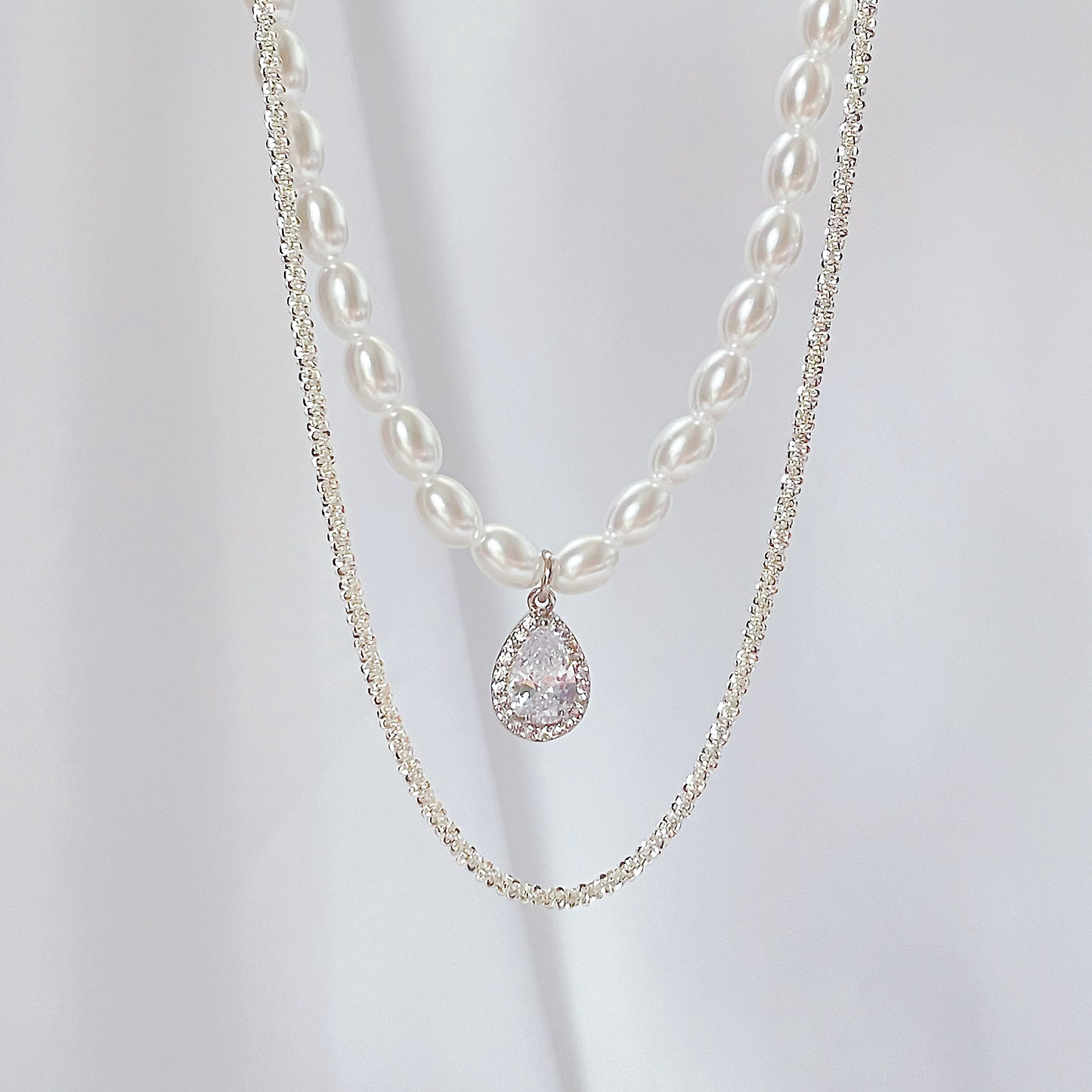 [Sparkling] Zircon Pearl Necklace, Dual Purpose Clavicle Chain