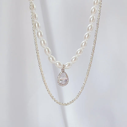 [Sparkling] Zircon Pearl Necklace, Dual Purpose Clavicle Chain