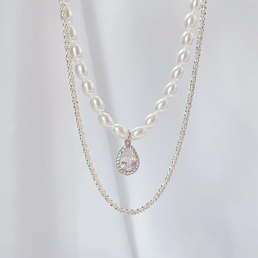 [Sparkling] Zircon Pearl Necklace, Dual Purpose Clavicle Chain