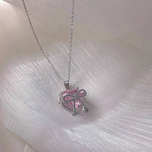 Bow Knot Pink Zircon Heart Necklace