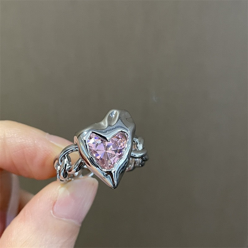 Pink Heart Zircon Rings，Y2K Girl Style Rings