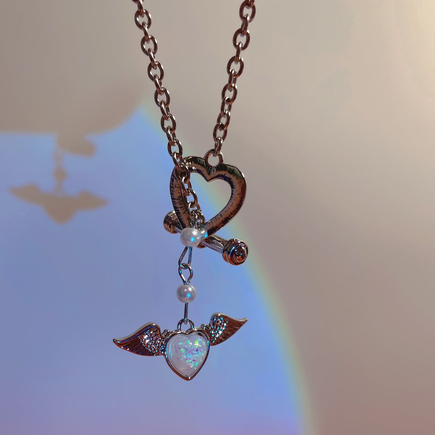 Angel Wings Heart Opal Necklace，Vintage Angel Medal Pendant Necklace