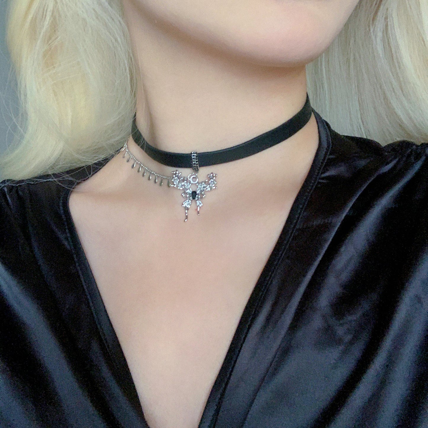 Metal Butterfly Tassel Leather Choker