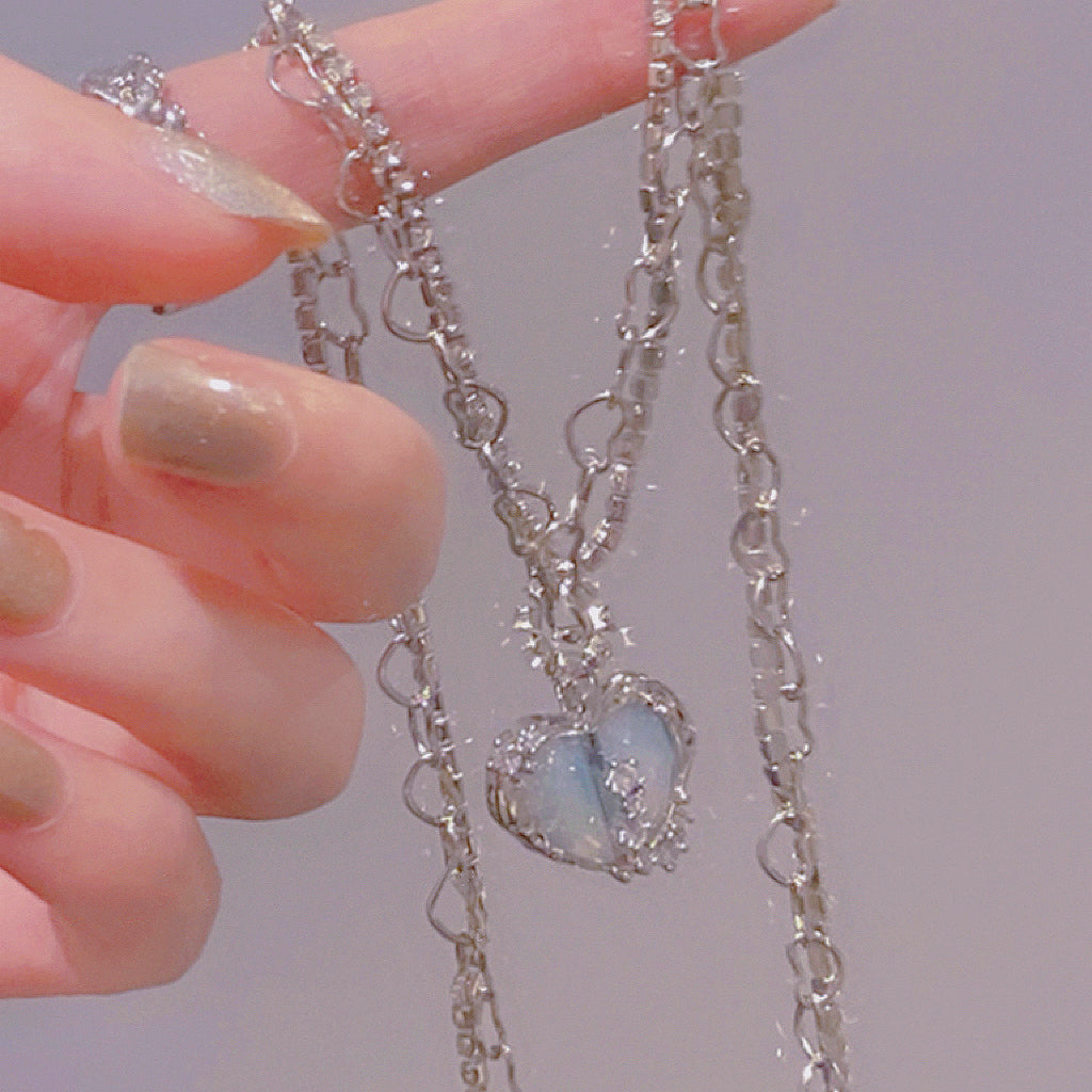 Blue Heart Zircon Double Layer Necklace