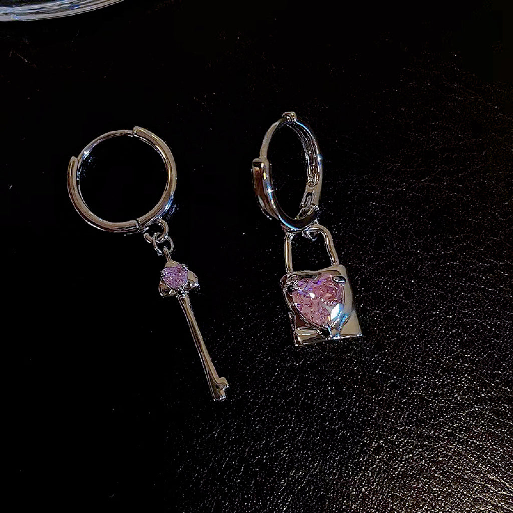 Pink Zircon Key Lock Stud Earrings