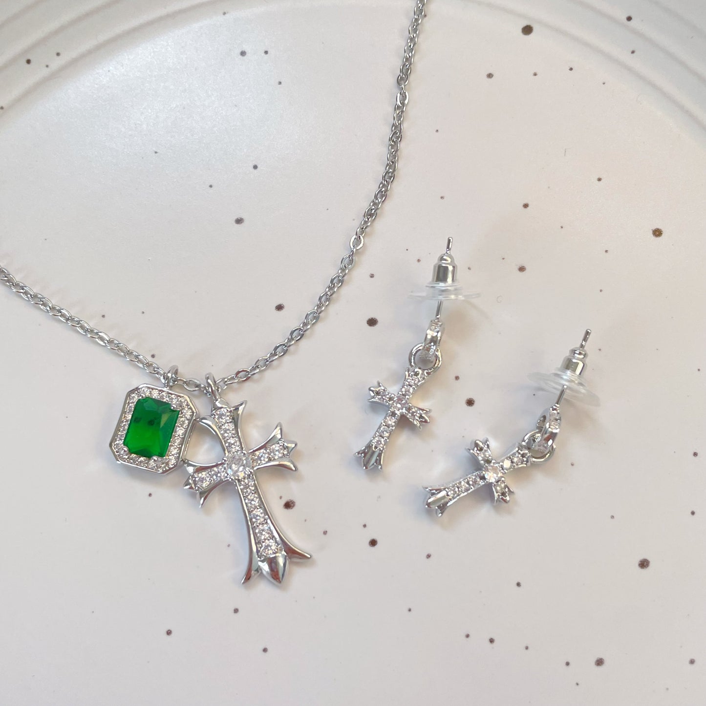 Emerald Zircon Necklace, Cross Zircon Earrings