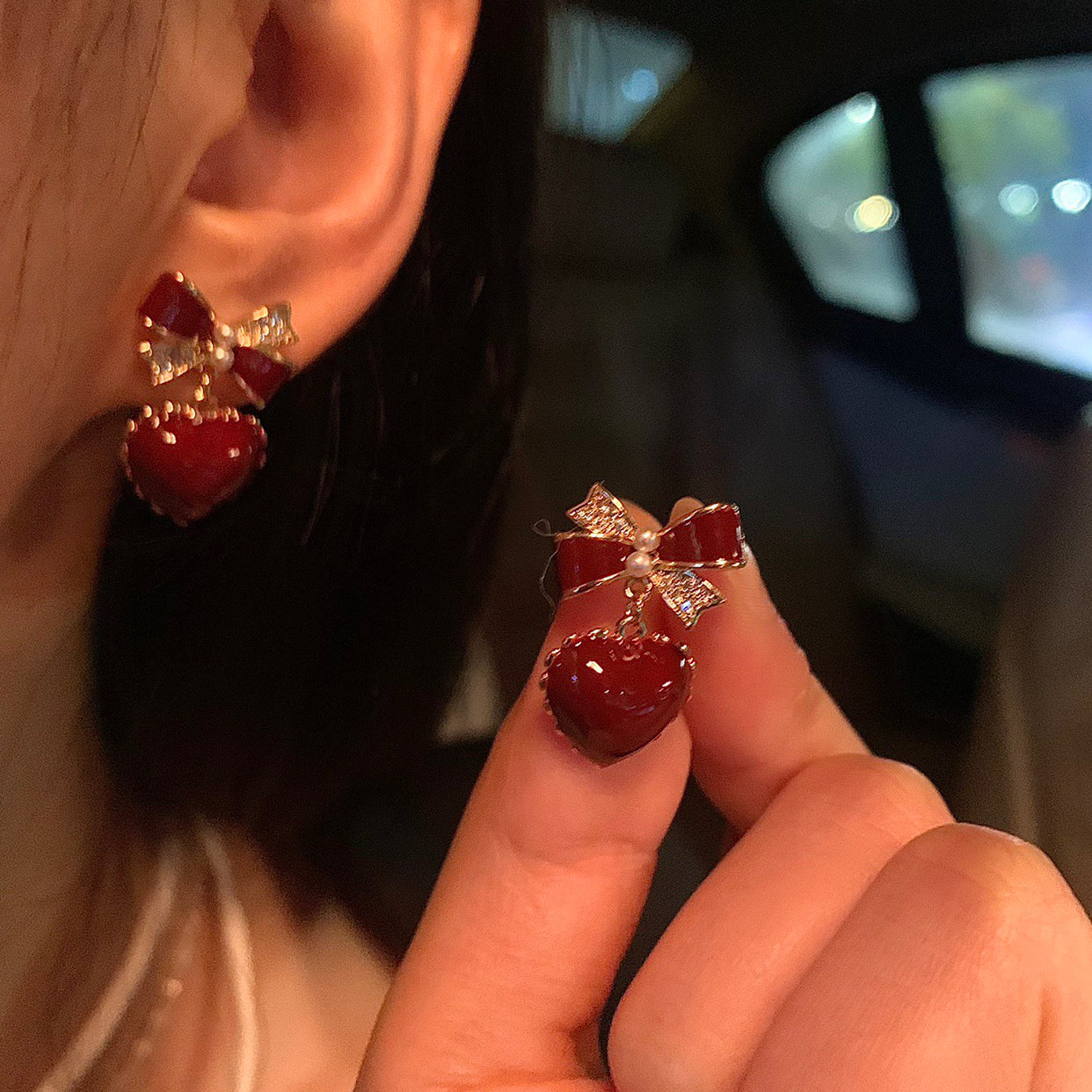 [Merry Christmas] Red Bow Heart Earrings