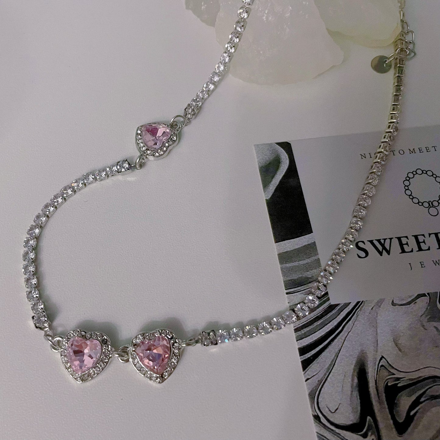 Pink Diamond Heart Necklace, y2kpink style Clavicle Chain