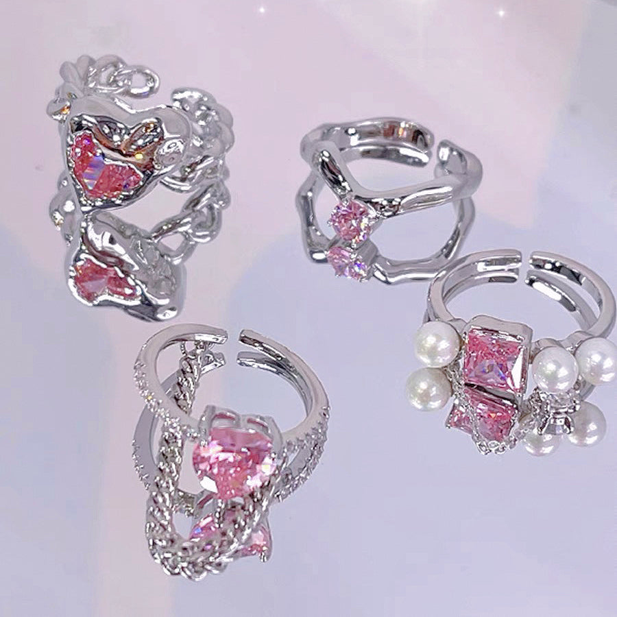 Pink Heart Zircon Rings，Y2K Girl Style Rings