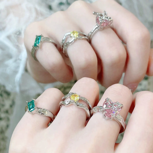 Pink Heart Butterfly Ring，Yellow Green Zircon Open Set Ring