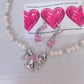 Pink Diamond Bow Pearl Necklace，Pink Zircon Earrings