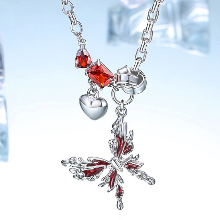 Metal Liquid Enamel Butterfly Ruby Necklace