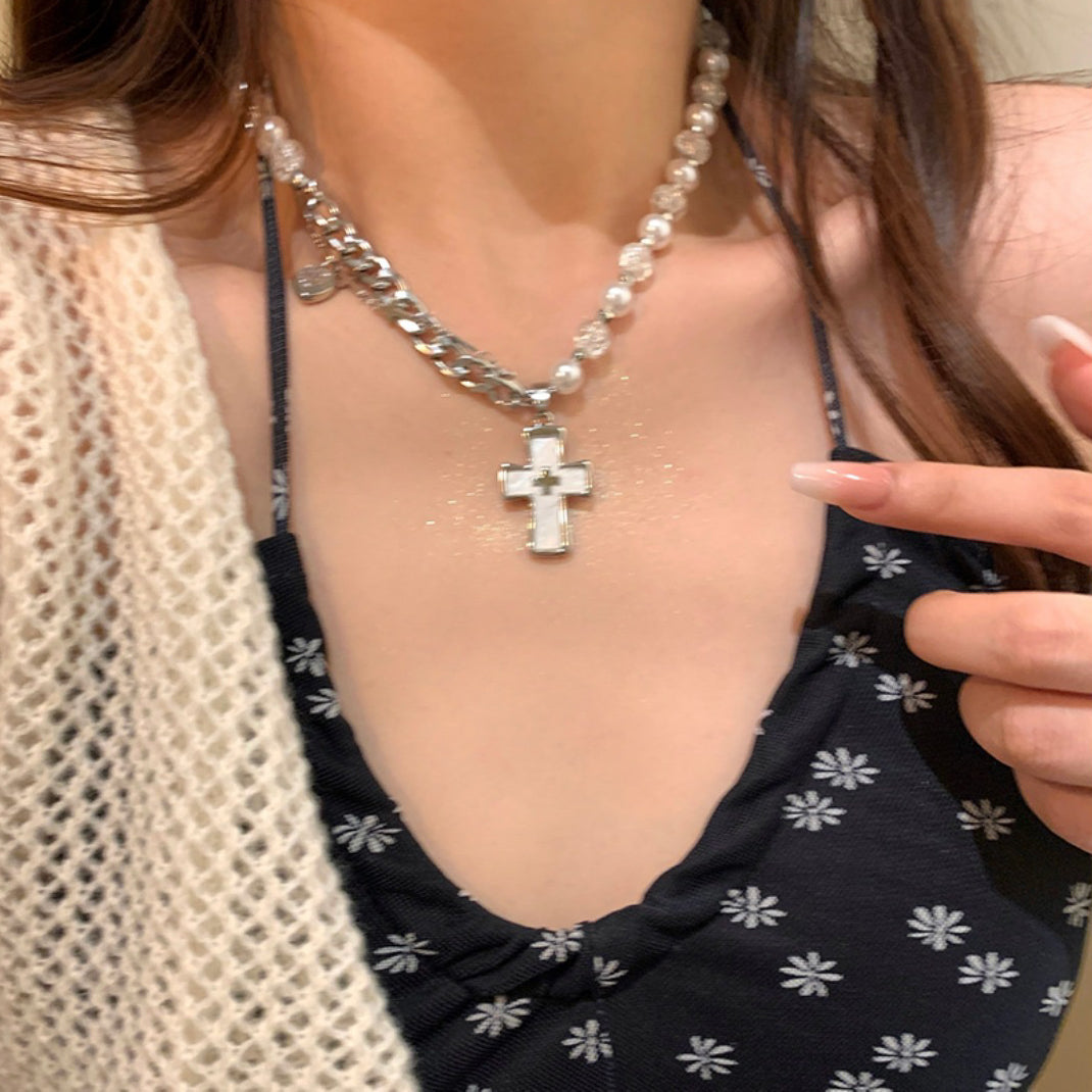 Heart Cross Pearl Asymmetry Layered Necklace