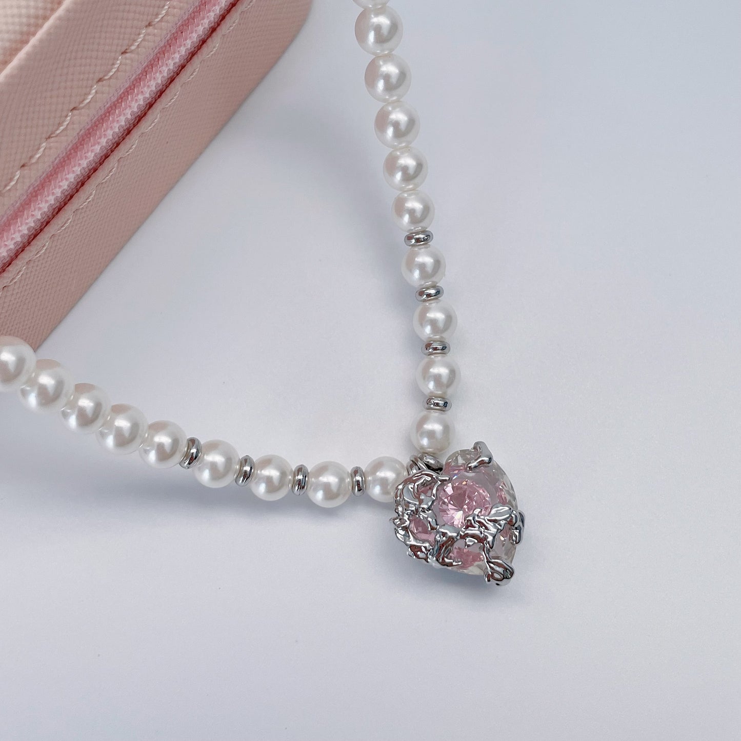 Pink Zircon Heart Pearl Necklace,Y2KPink Style