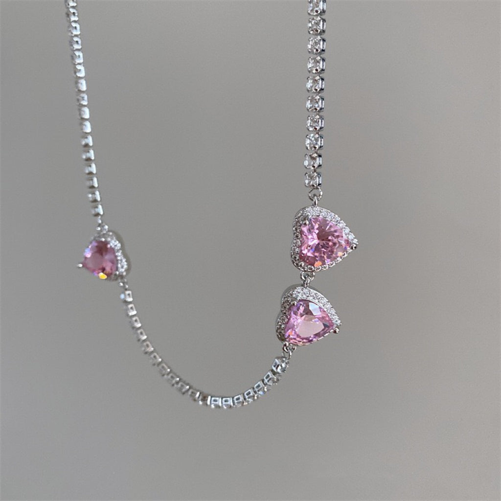 Pink Diamond Heart Necklace, y2kpink style Clavicle Chain