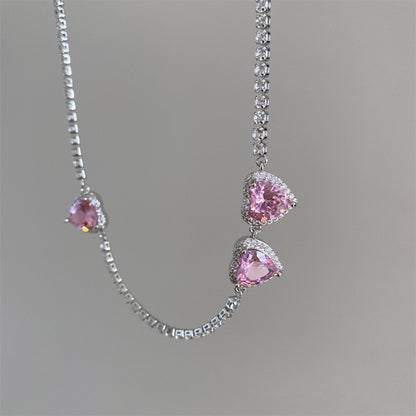 Pink Diamond Heart Necklace, y2kpink style Clavicle Chain