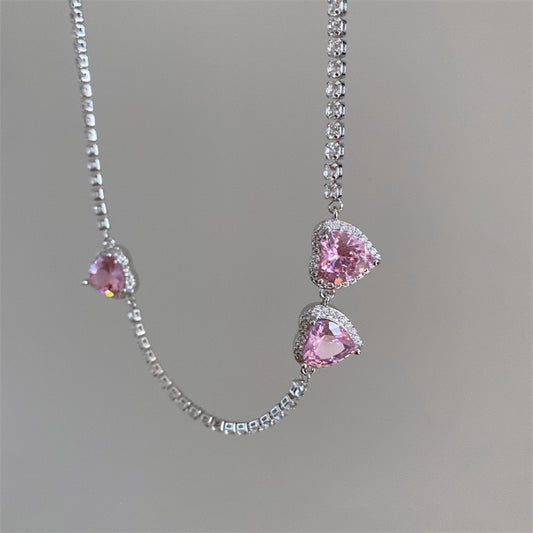 Pink Diamond Heart Necklace, y2kpink style Clavicle Chain