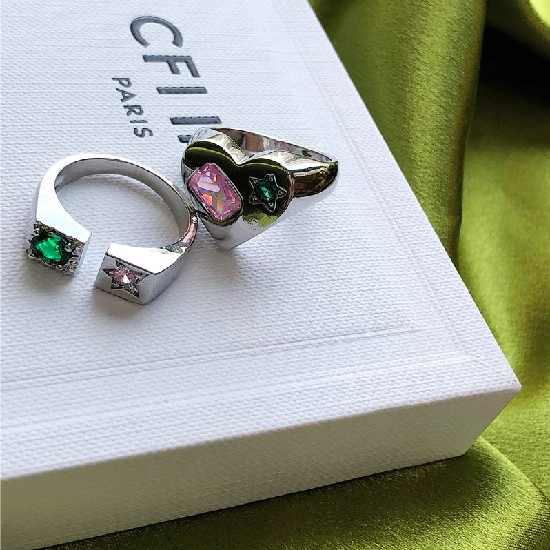 Antique Green & Pink Zircon Heart Ring