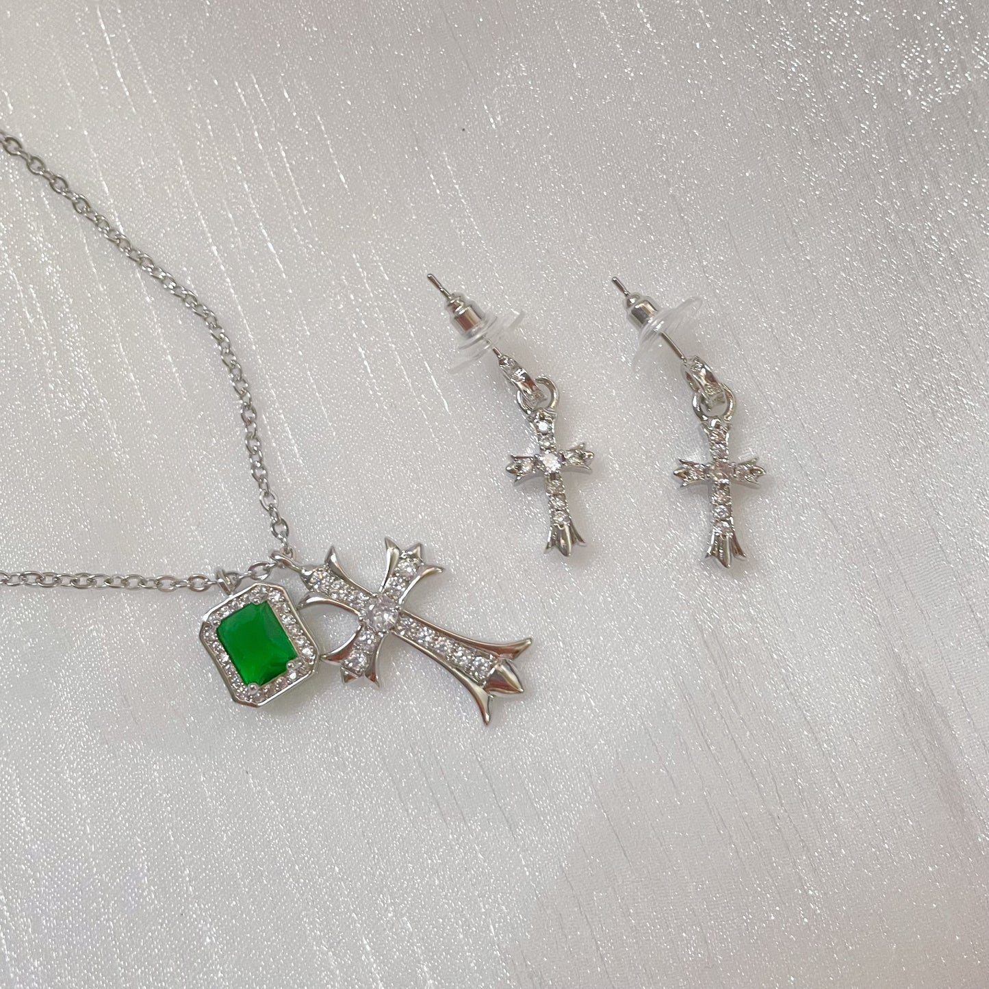 Emerald Zircon Necklace, Cross Zircon Earrings