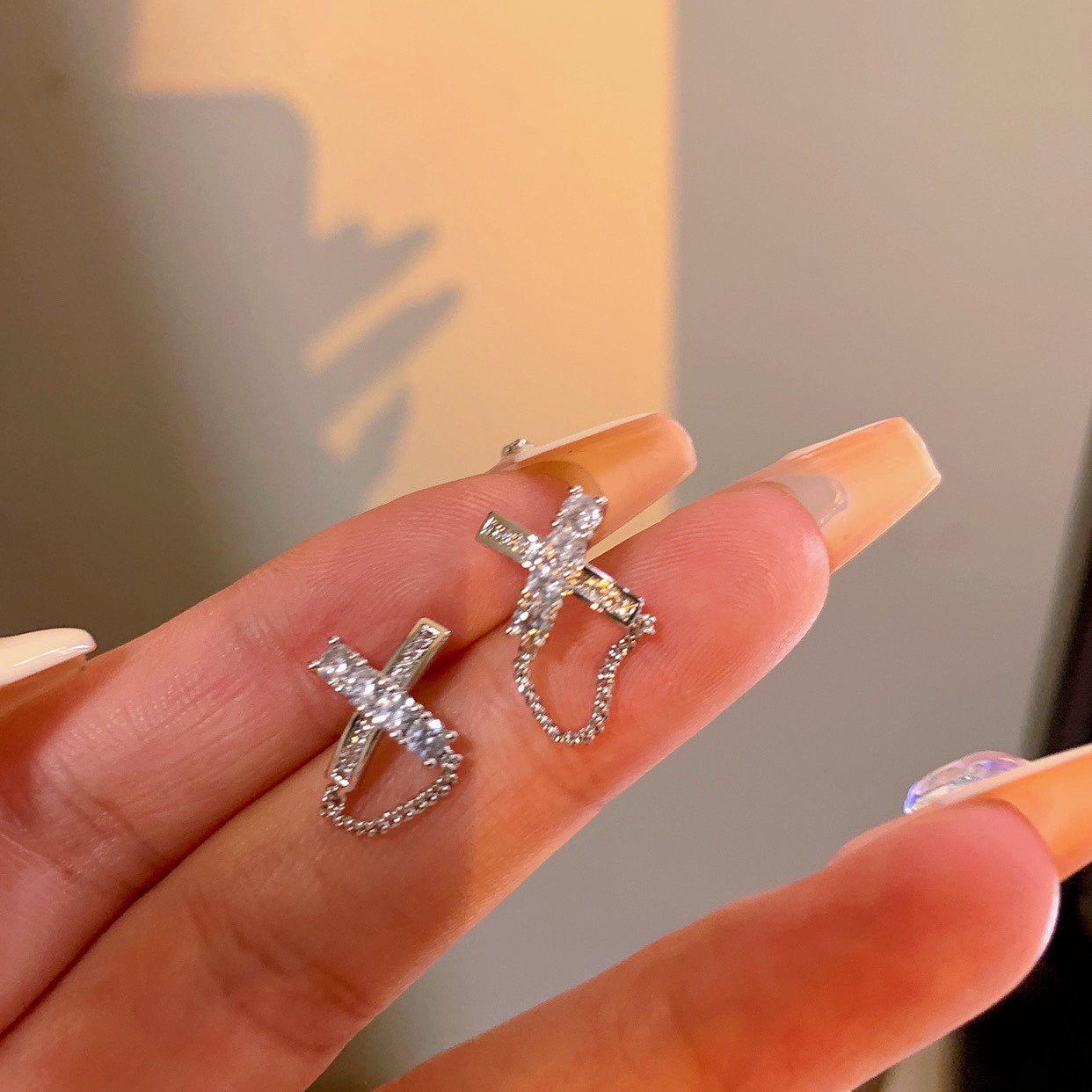 Zircon Cross Tassel Earrings