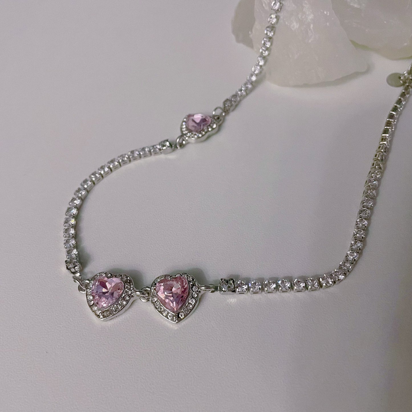 Pink Diamond Heart Necklace, y2kpink style Clavicle Chain