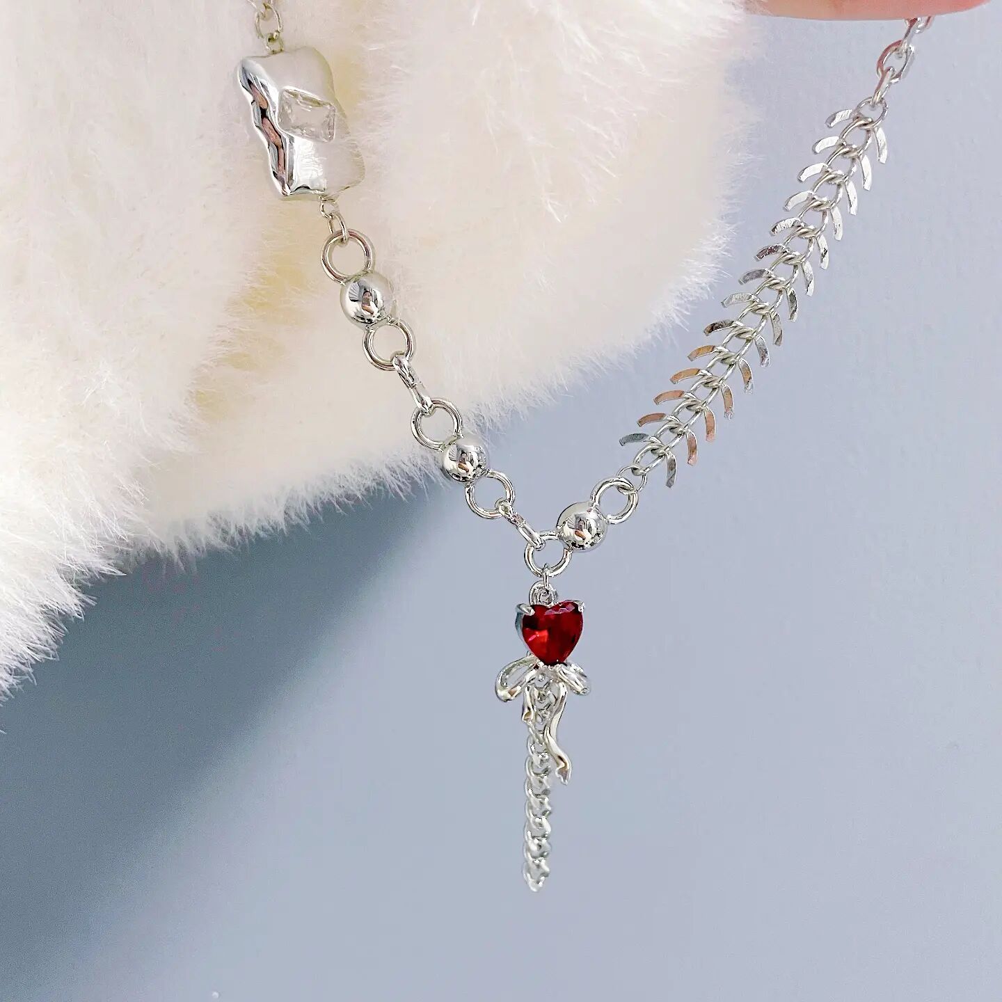 Red Gem Bow Tassel Necklace