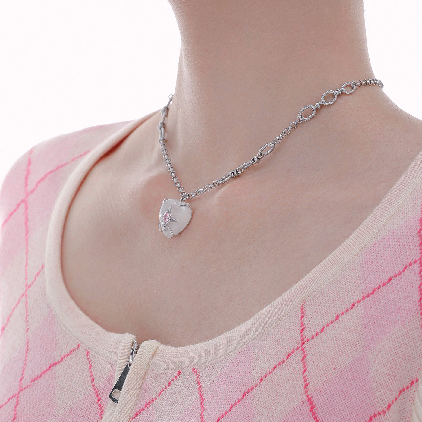 White Heart Pink Zircon Necklace