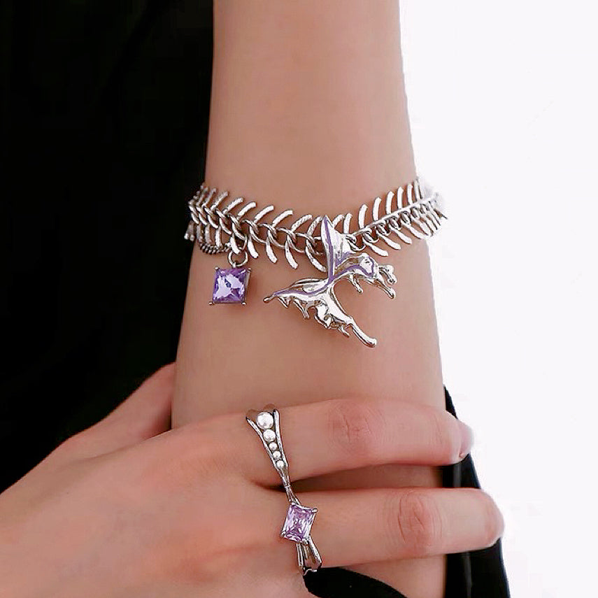 Purple Liquid Metal Butterfly Bracelet，Fishbone Butterfly Zircon Bracelet