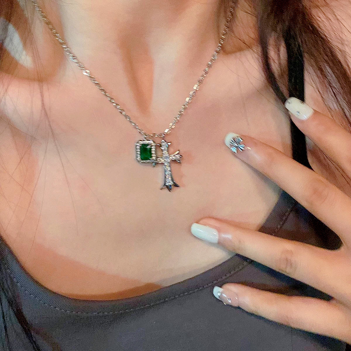 Emerald Zircon Necklace, Cross Zircon Earrings