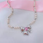Pink Diamond Bow Pearl Necklace，Pink Zircon Earrings