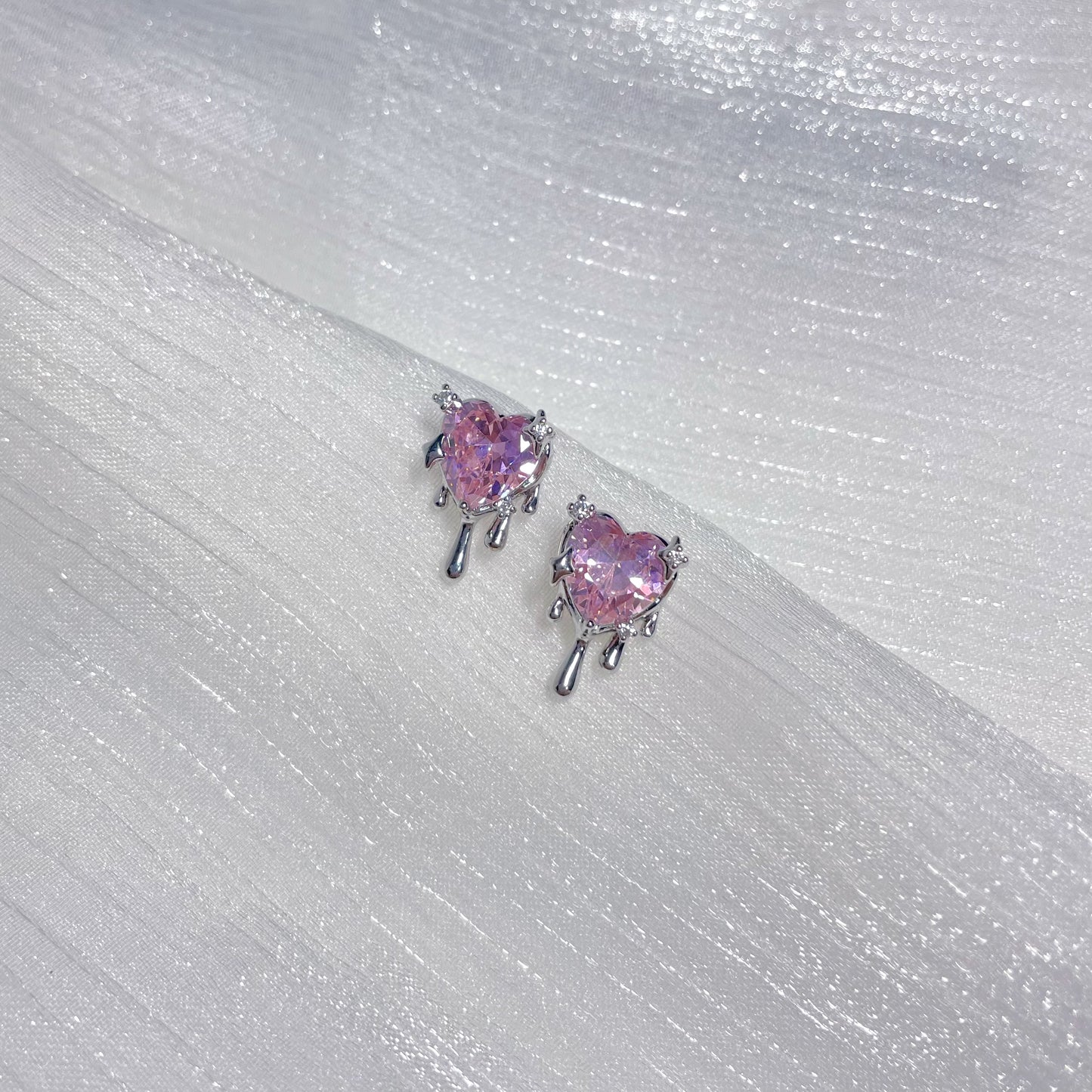 Pink Heart Zircon Liquid Earrings