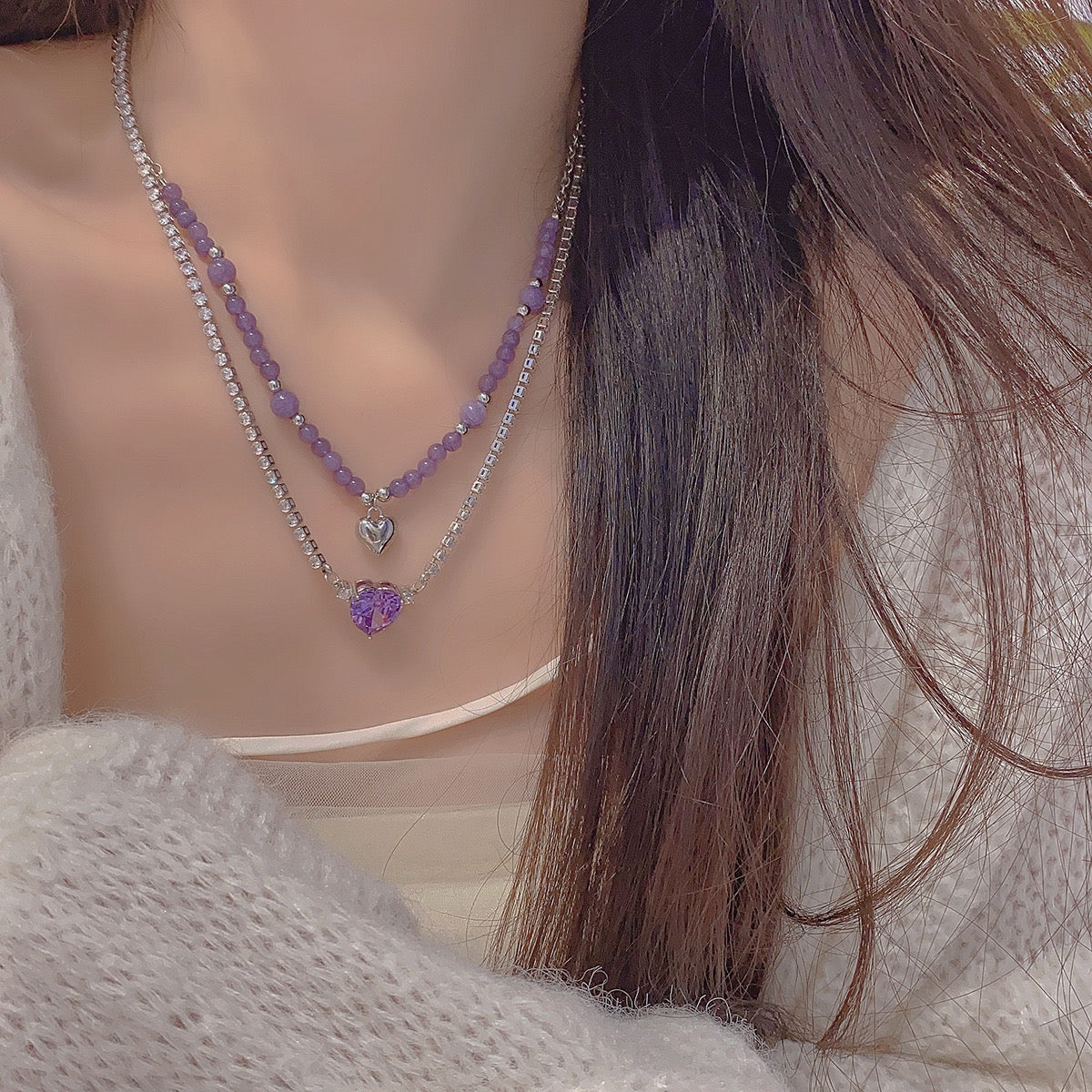 Purple Zircon Heart  Diamond Necklace，Purple Beaded Heart Necklace