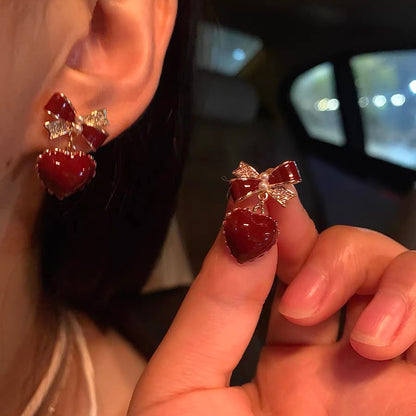 [Merry Christmas] Red Bow Heart Earrings