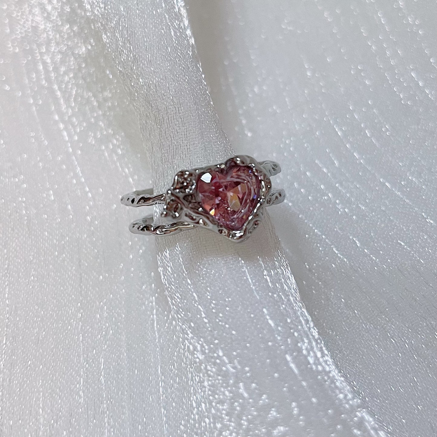 Pink & White Heart Zircon Ring，Y2K Pink Ring