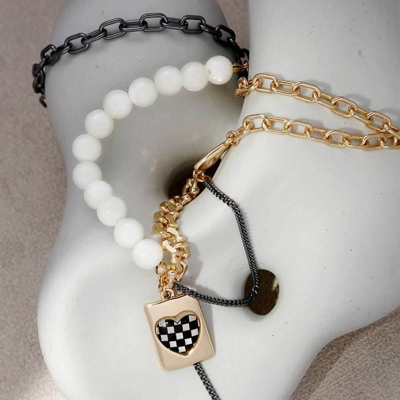 Drip Oil Heart Checkerboard Beaded Necklace