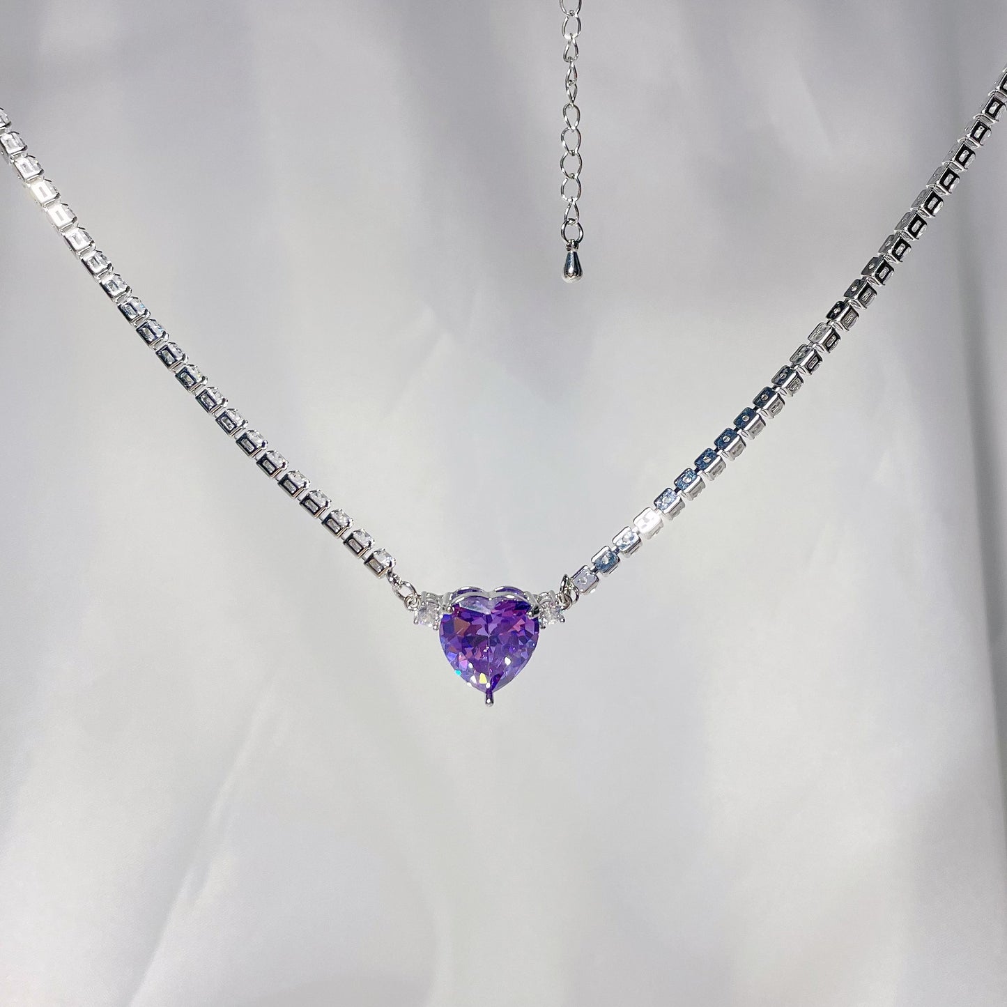 Purple Zircon Heart  Diamond Necklace，Purple Beaded Heart Necklace