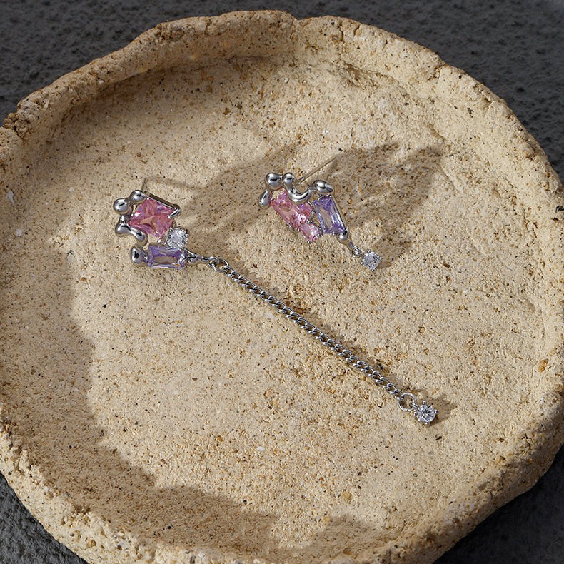 Pink & Purple Zircon Irregular Tassel Earrings