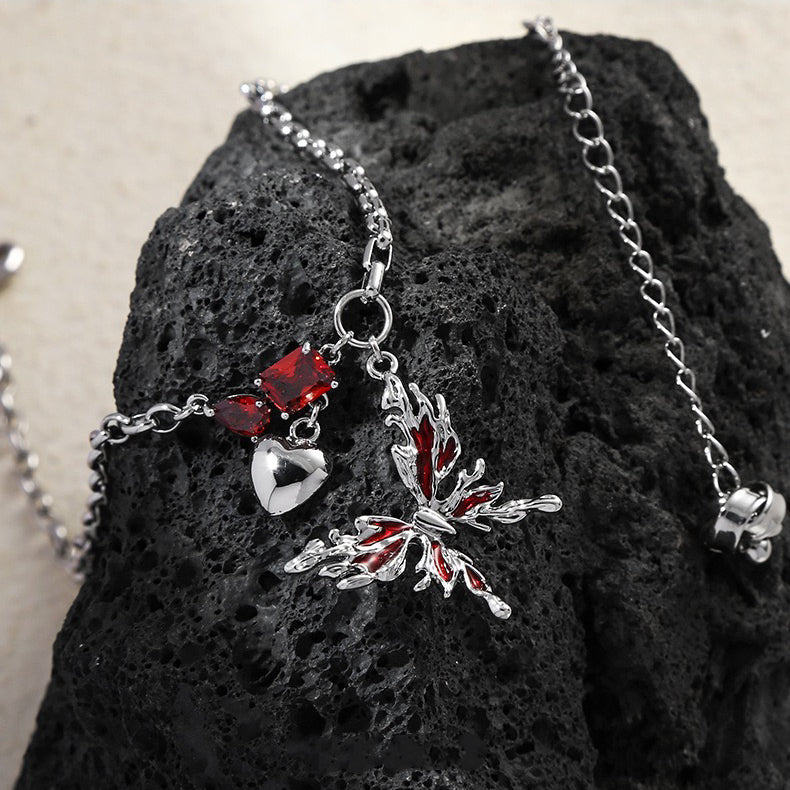 Metal Liquid Enamel Butterfly Ruby Necklace